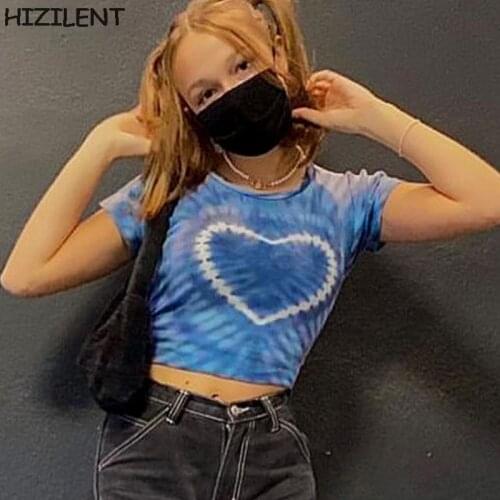 E-girl Streetwear Tie Dye Short Sleeve T-shirts Y2K Aesthetics Heart Print O-neck Short Sleeve Kawaii Baby Tees Blue Crop Tops