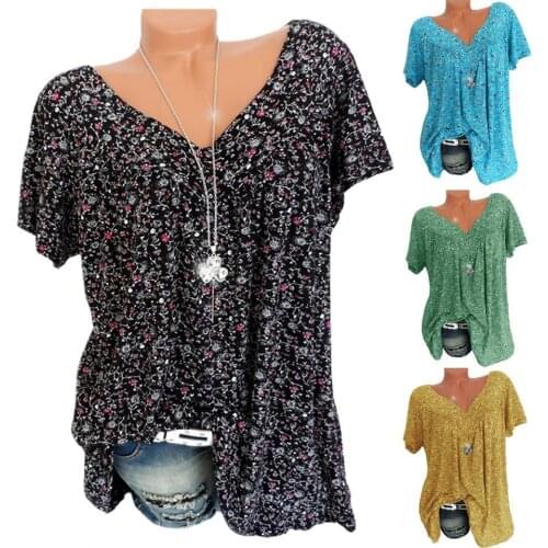 Casual V-Neck Floral Print Top Loose Hem Short Sleeve Women Shirt for Daily Wear Streetwear