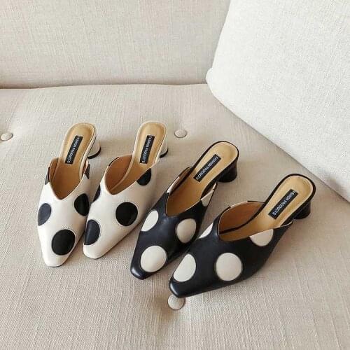 Womens Elegant Mules Woman Casual Slippers Pointed Toe Low Heel Polka Dot Sandals Office Shoes