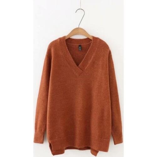 Plus size V-Neck long sleeve women Knitted pullover 2019 casual solid Caramel color & violet ladies sweater wool female 5XL