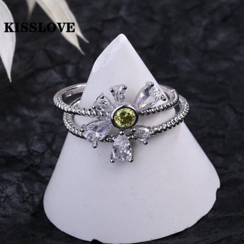 KISSLOVE New Luxury Female Flower Zircon Ring Wedding Band Ring Promise Love Engagement Rings For Women Party Jewelry