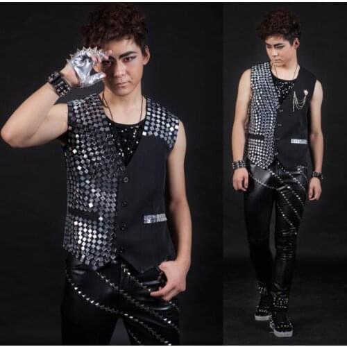 Male sleeveless vest men 2020 summer style paillette slim punk rock costumes hombre chalecos singer dance stage european black