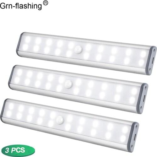 1 2 3PCS 20 LEDs LED Under Cabinet Lights USB Rechargeable Magnetic PIR Night Light white light Cabinet Closet Wardrobe lighting