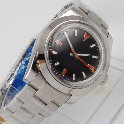 39mm Miyota 8215 Luxury Automatic wrist watch men domed glass ss bracelet waterproof black dial