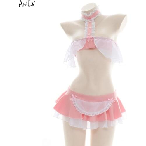 AniLV Girl Pink Bikini Swimsuit Costumes Summer Pool Party Ruffle Swimwear Uniform Set Cosplay
