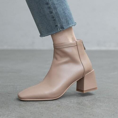 Genuine Cow Leather Martin boots womens square toe short boots womens zipper thick with nude mid-heel ankle boots