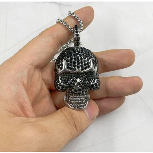 Punk Rock Biker Skull Pendant Neckalce Big full rhinestone 316L Stainless Steel 3D For Man Collection Jewelry
