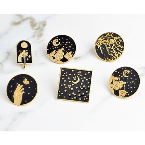 Punk White Black Enamel Pins Gift Cartoon Moon Starry Sky Brooch Button Coat Jackets Collar Pin Badge Jewelry #277142
