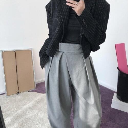 Obrix Stylish Grey Straight Loose High Waist Autumn Spring Female Pants Long Soft Casual Style Trousers For Women