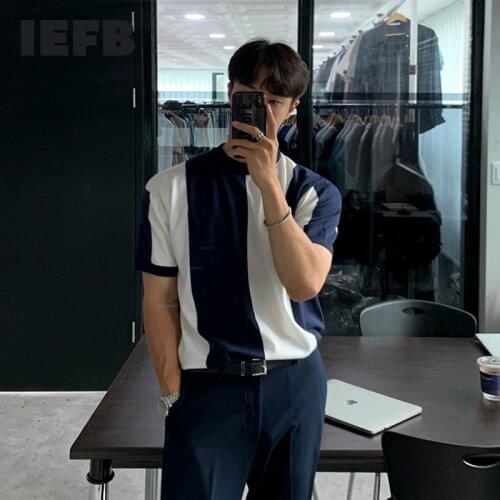 IEFB Ice Silk Short Sleeve T-shirt Mens Korean Fashion 2021 New Summer Slim Fashion Striped Mens Knitted Round Neck Tee 9Y7662