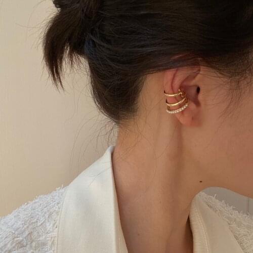 French retro ear cuff pearl three-layer gold silver color ear bone clip aesthetic clip on earrings for woman trendy jewelry