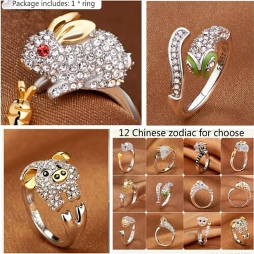 Luxury Shiny Animal Open Ring Rabbit/Pig/Dragon/Horse/Monkey/Snake/Sheep/Tiger/Dog/Rat Crystal Rings for Women Party Jewelry