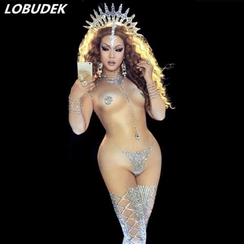 Sexy Nude color Silver Rhinestones Elastic Jumpsuit Women Nightclub DJ DS Costume Bar Party Show Dancer Pole Dancing Stage Wear