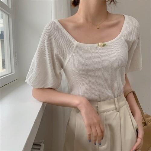 GGRIGHT 2021 Crop Tops Knitted T-shirt Cotton Women Loose Casual Square Collar Female T Shirt For Women Short Sleeve Female Tops