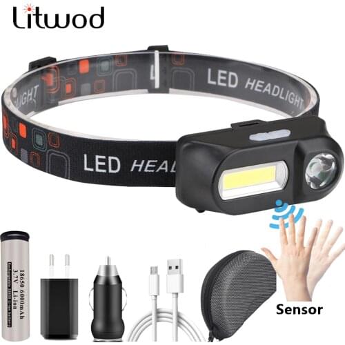 Litwod 1804 Sensor LED Headlamp Headlights Outdoor Camping Portable Mini XPE+COB Headlamp USB Charging Fishing Light for 18650