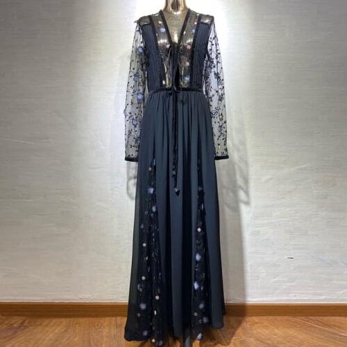 Fashion Runway Plus Size Women 2021 Long Sleeve V-Neck Flower Embroidery Bow Black Purple Maxi Dress