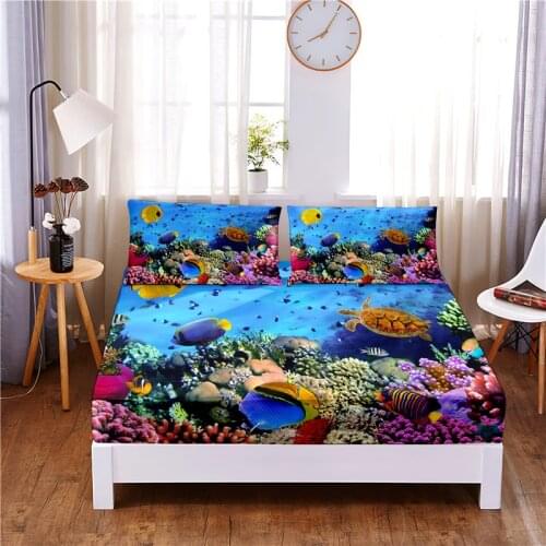 Seafloor Fish Digital Printed 3pc Polyester Fitted Sheet Mattress Cover Four Corners with Elastic Band Bed Sheet Pillowcases