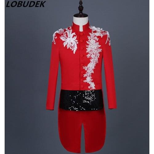 Tide Fashion Chinese Style Mens Stand Collar Embroidery Swallowtail Wedding Tailcoat Male Singer Chorus Host Stage Costume Coat