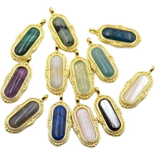 Natural amaznoite lapis lazuli crystal quartz pendant Vintage Black white shell charm gems stone gold plated Long Oval pendants