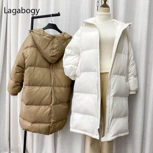 Lagabogy 2021 New Winter Hooded Long Down Parka Ultra Light 90% White Duck Down Coat Female Loose Casual Windproof Puffer Jacket