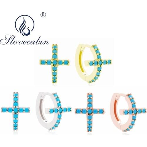 Slovecabin Original 925 Sterling Silver Tiny Cross Huggies Earrings For Women Piercing Turquoise Women Hoop Earrrings Women Gift