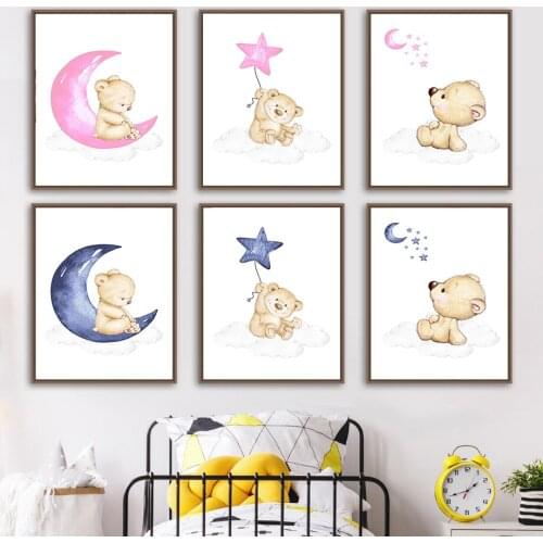 Pink Blue Bear Moon Star Cloud Child Poster Baby Nursery Art Print Animal Wall Art Canvas Painting Nordic Picture Kid Room Decor