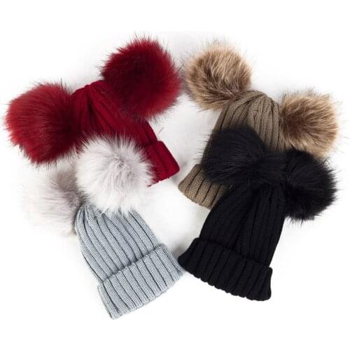 New Autumn Winter Kids Girls Boys Hats 14 Colors Knit Solid Double Wool Ball Hat Cute Boy Girl Soft Cap Kids Knit Caps