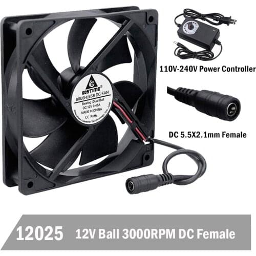 Gdstime 12V Ball 120mm 120x120x25mm Cooling Fan DC Female Computer Case Fan with AC 110V 120V 220V 240V Power Speed Controller