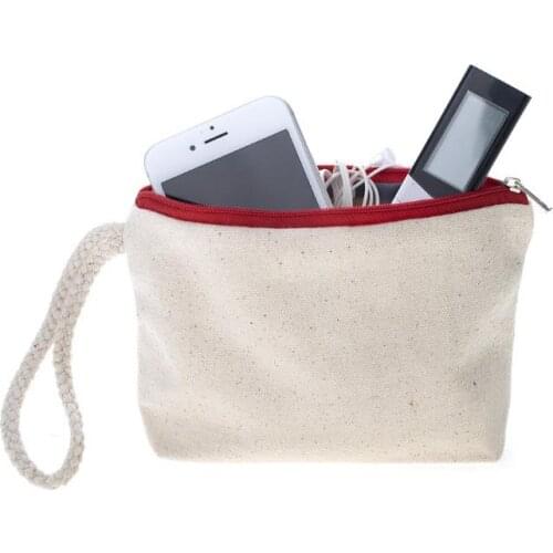 High quality blank canvas zipper pouches cotton cosmetic Bags makeup bags Mobile phone bag With Rope SN3681