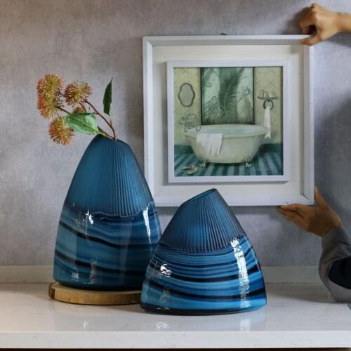 High Grade Colored Glass Vase Blue Carved Glass Crafts Art Vase Interior Decoration Vase Wholesale