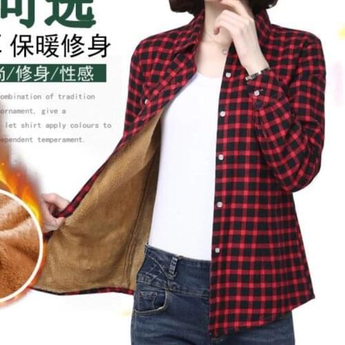 Lapel Pocket Women Clothing Autumn Winter Plus Velvet Thick Warm Grid Shirt Female Long-sleeve Cotton Slim Blouse Blusas Mujer