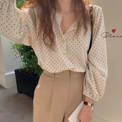 Lantern Sleeve Wave Point Shirt Women 2021 Autumn Korea Chic Office Ladies Casual Loose Shirts Button Long Sleeve Chiffon Blouse