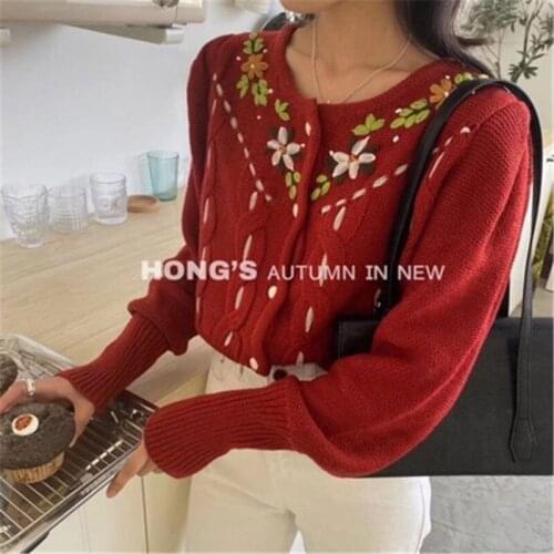 Women 's Sweater Autumn Winter Korean Style Vintage Seet Knit O-neck Crochet Long-sleeved Short Carigans Outwear 2020 5A038