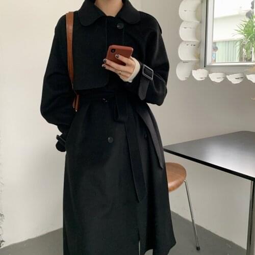 LMQ NEW 2020 Winter Women Korean Long Slim Wool Blend Coat Vintage Double Breasted Belt Fashion Minimalist Cardigan Overcoat