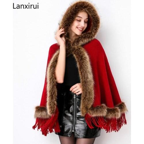 Women Autumn Winter Knit Cashmere Poncho Hooded Good Faux Fox Fur Cape Cloak Tassels Shawl Pashmina Coat Wraps retail