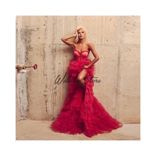 Vintage Rose Red Sweetheart Strapless Long Women Tulle Dress Pretty High Slit Tiered Ruffled Mesh Prom Gowns Vestito