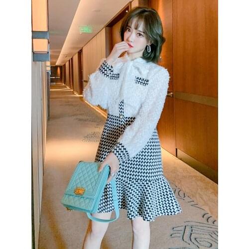 Butterfly led Plush shirt stitching fishtail skirt fake two piece dress for women 2021 Spring new High Quality Top Quality