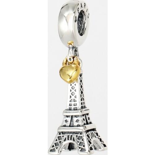 Free Shipping 925 Sterling Silver Heart Paris Eiffel Tower Dangle Charm Fit Original Pandora Bracelet For Women DIY Jewelry