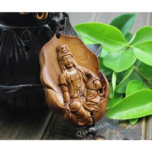 Wood Carving Lotus Leaf Kwan Yin Buddha Statue Car Pendant Amulet Wooden Craft