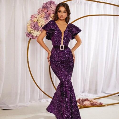Purple Elegant Sexy Exquisite Evening Dress Sequins V-Neck A-Line Floor Length Special Occasion Prom Dress Plus Size Custom Made