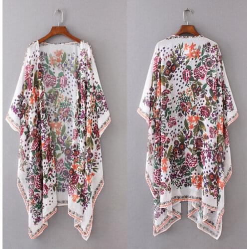 Hot fashion Women Floral Print Loose Shawl Kimono Long Top Cover up Shirt Blouse