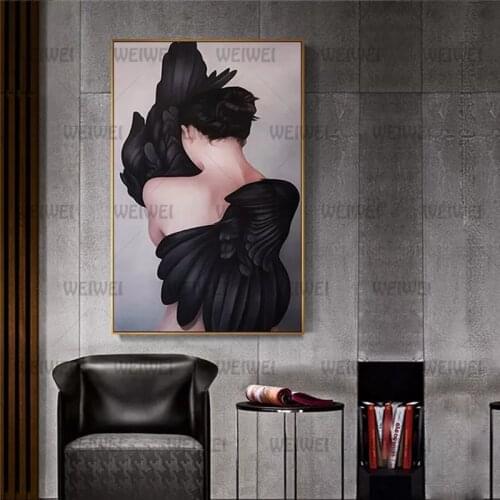 Art Figure Painting Poster Womans Back and Black Wings Home Wall Canvas Painting Home Decoration for Bedroom Living Room