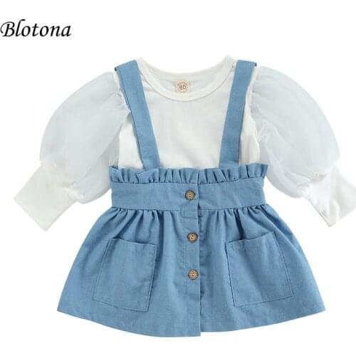 Blotona Kids Solid Color Summer Clothes Set Girls See-through Long Mesh Sleeve O-neck Tops+Ruffle Denim Suspender Skirt 1-5Years