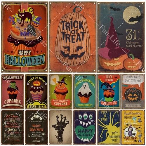 Halloween Plaque Metal Tin Signs Shabby Pumpkin Painting Poster Cake Vintage Wall Art Sticker Pub Bar Home Casino Decor 20x30 cm
