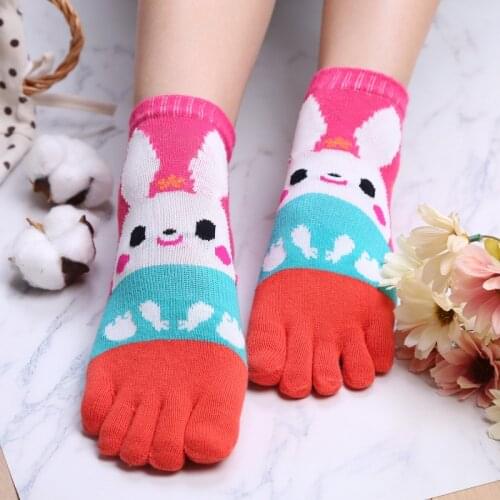 5 Pairs Five Finger Socks Cotton Cartoon 5 Split Toe Socks Rabbit Animal Print Cute Ladies Ankle Socks
