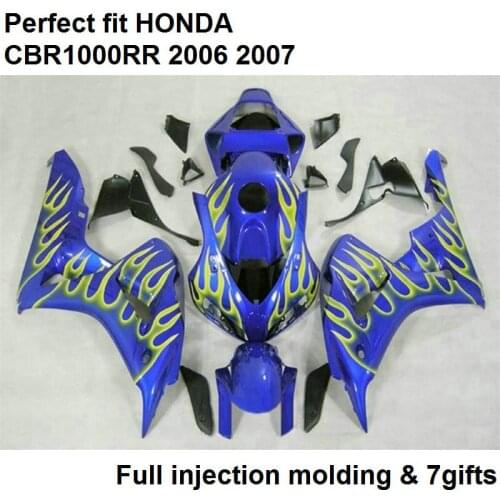 Fit 100% fairings for Honda injection CBR1000RR 2006 2007 yellow flames blue bodywork parts fairing kit CBR 1000RR 06 07 MQ68