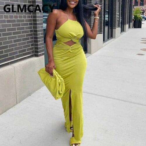 Halter Cut Out Solid Maxi Dress Casual Slim Slit Evening Party Club Dress