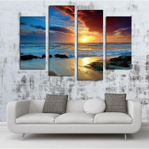 Discount 4 Pieces/Set Ocean Sunset Printed Painting Living Room Wall Art Canvas Paintings Modern HD Home Decorative Pictures