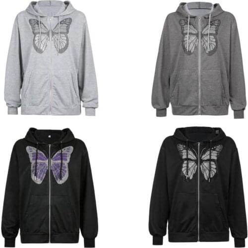 Rhinestone Butterfly Pattern Oversized Zip Up Women Hoodies Sweatshirt Streetwear Hip Hop Aesthetic Zipper Hooded Jacket Outwear