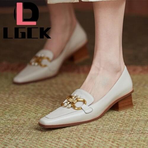 Fashion Women Shoes Woman High Heels Spring Summer Square Head Genuine Leather Women Shoes Metal Decoration Ladies Dress Pumps